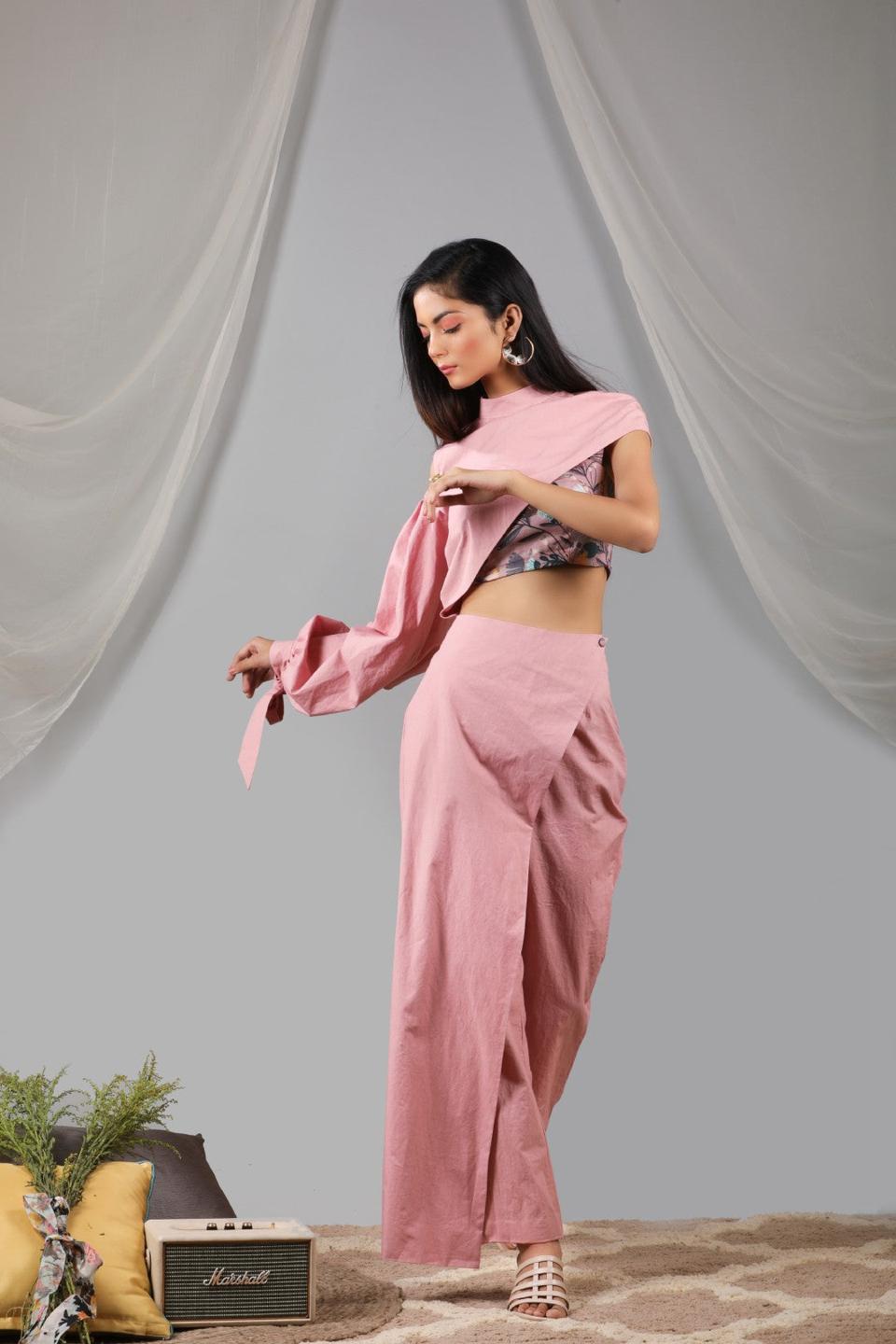 Coral Blush Off Shoulder High Low Jacket With Flap Pant And Blouse Set