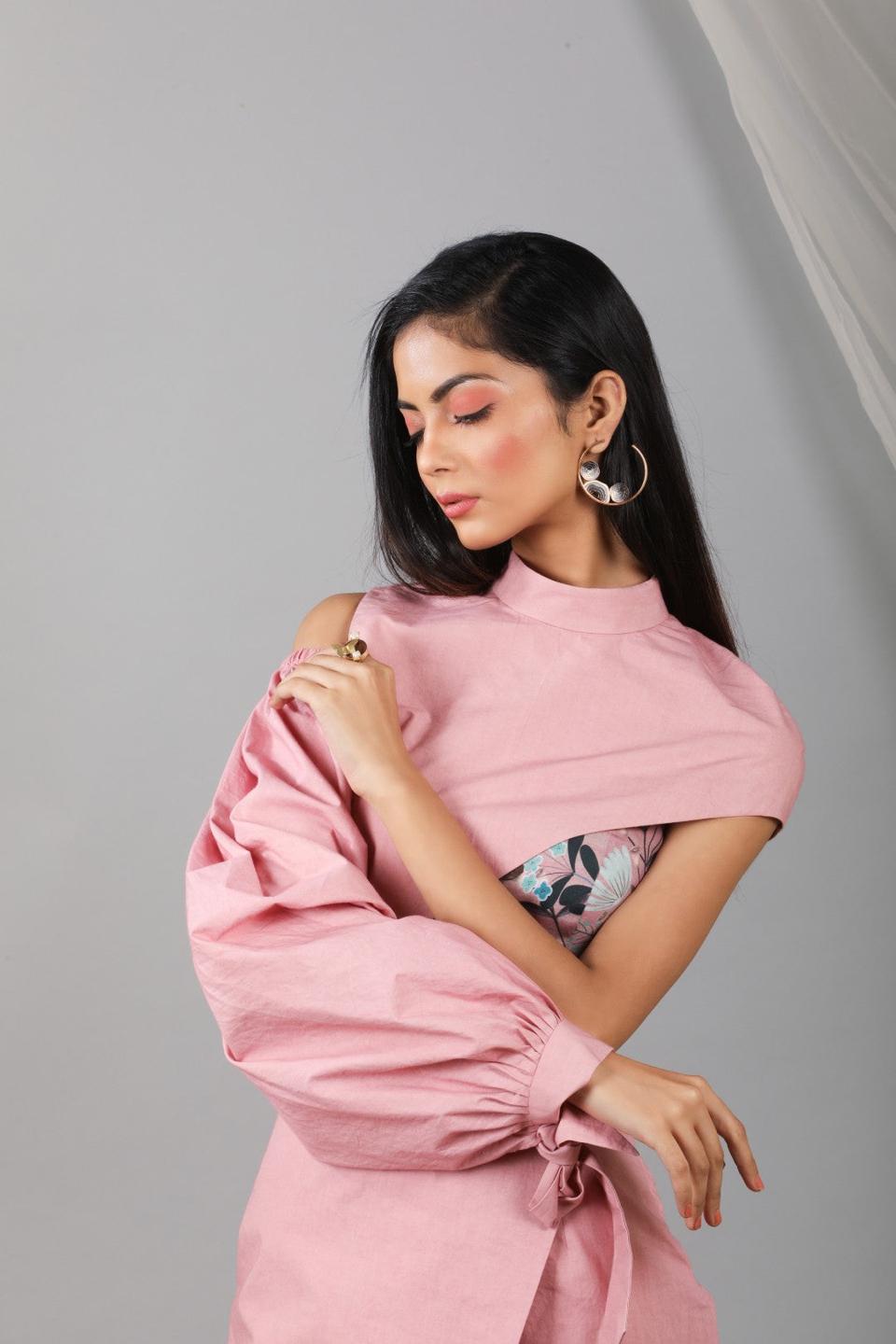 Coral Blush Off Shoulder High Low Jacket With Flap Pant And Blouse Set