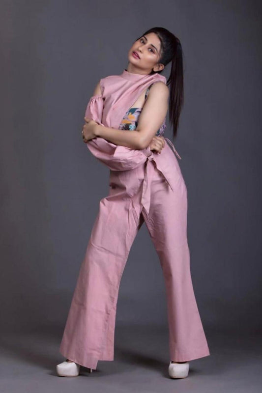 Coral Blush Off Shoulder High Low Jacket With Flap Pant And Blouse Set