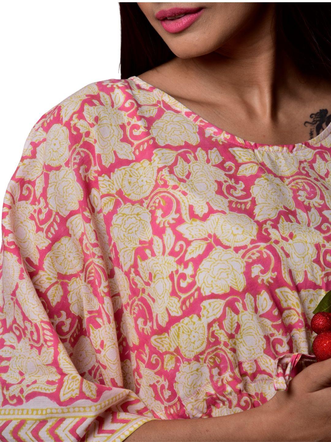 coral-handblock-long-caftan-10921038RD, Women Clothing, Cotton Caftan, Cotton Coral Hand Block Print Long Caftan