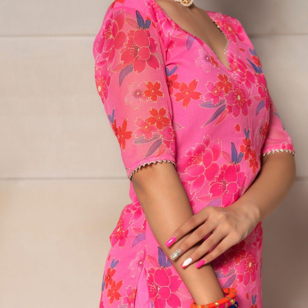 cosmos-pink-chinnon-chiffon-suit-set-11403216PK, Women Indian Ethnic Clothing, Chiffon Kurta Set Dupatta