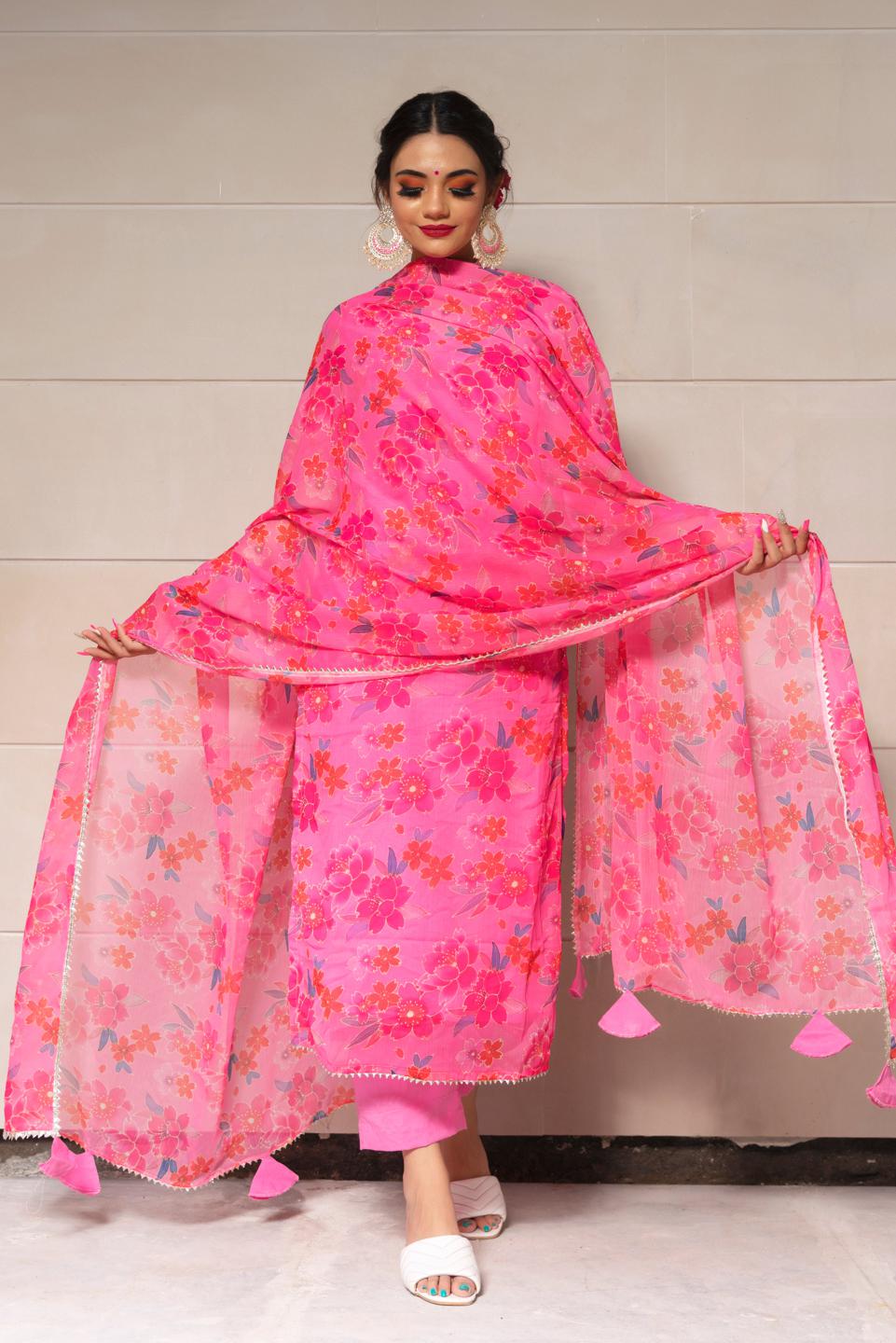 cosmos-pink-chinnon-chiffon-suit-set-11403216PK, Women Indian Ethnic Clothing, Chiffon Kurta Set Dupatta