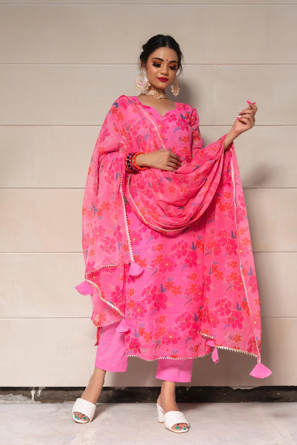 cosmos-pink-chinnon-chiffon-suit-set-11403216PK, Women Indian Ethnic Clothing, Chiffon Kurta Set Dupatta