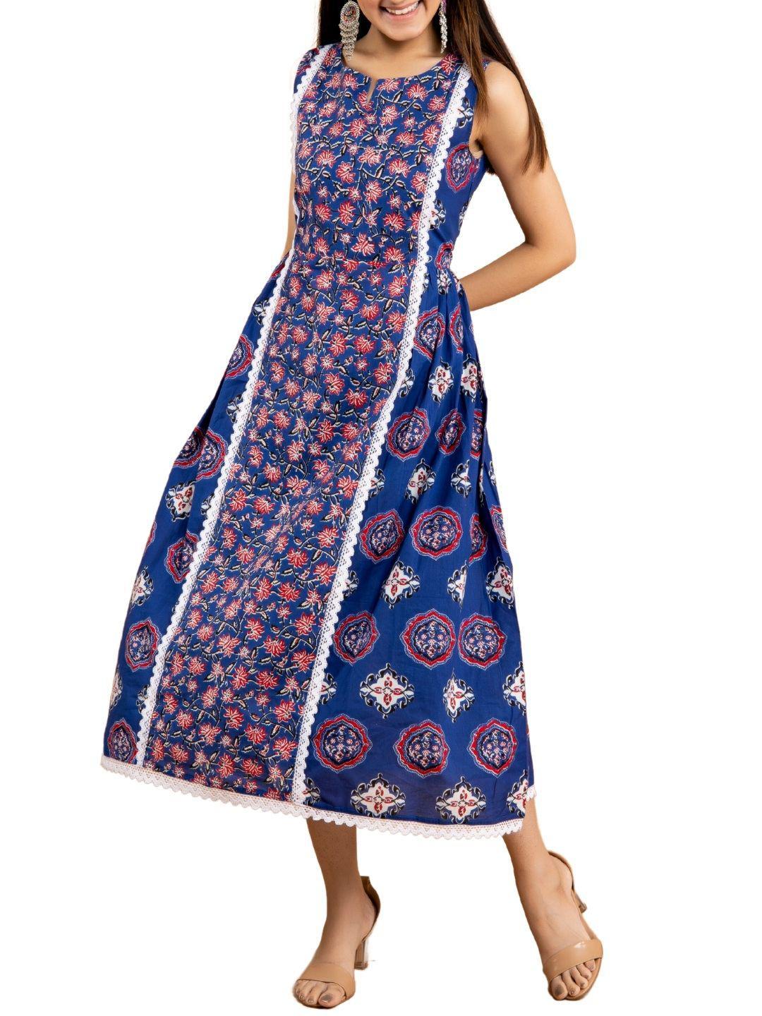 cotton-blue-red-floral-dress-10904022BL, Women Clothing, Cotton Dress, Cotton Blue-Red Floral Dress