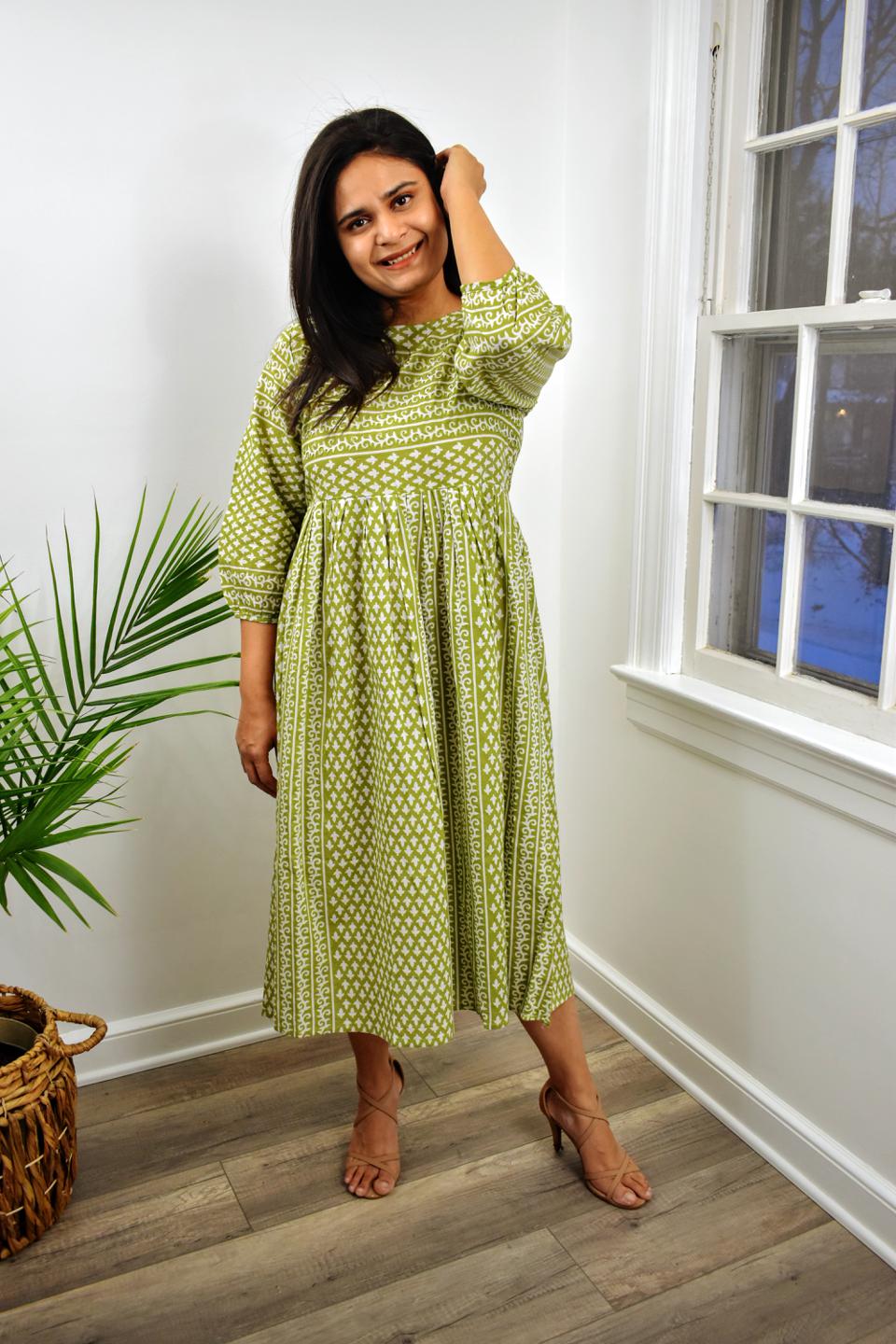 Cotton Green Aari Work Dress