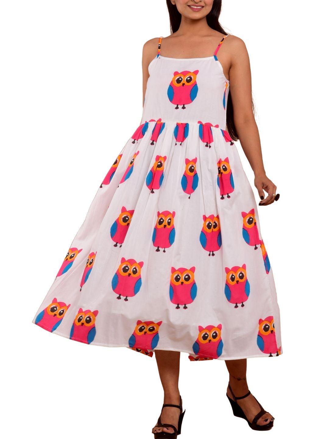 cotton-owl-print-dress-10904004WH, Women Clothing, Cotton Dress, Cotton Owl Print Hem Shoulder Straps Sleeveless Dress with Lining