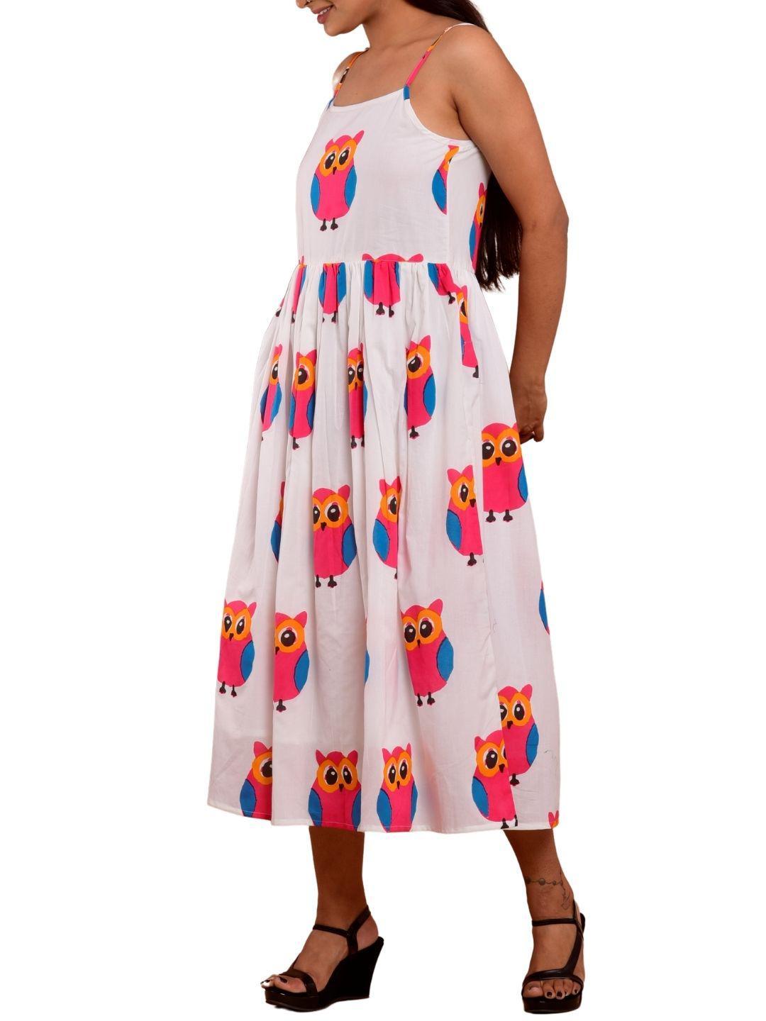 cotton-owl-print-dress-10904004WH, Women Clothing, Cotton Dress, Cotton Owl Print Hem Shoulder Straps Sleeveless Dress with Lining