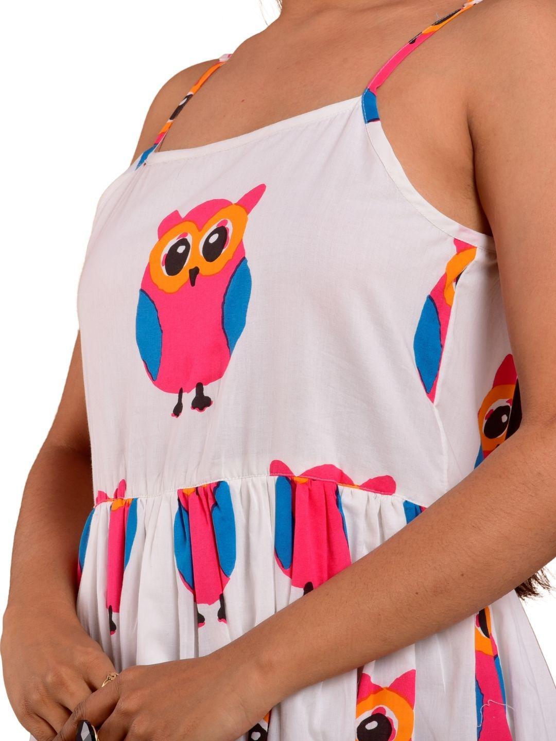 cotton-owl-print-dress-10904004WH, Women Clothing, Cotton Dress, Cotton Owl Print Hem Shoulder Straps Sleeveless Dress with Lining