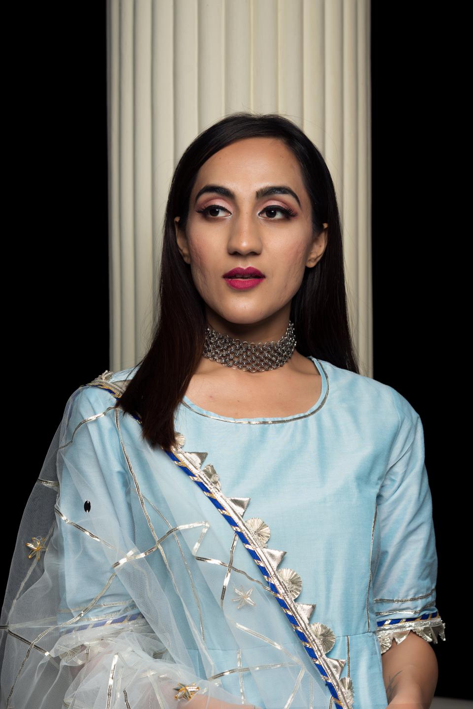 cotton-silk-blue-anarkali-with-gotta-jaal-work-11403182BL, Women Indian Ethnic Clothing, Cotton Silk Kurta Set Dupatta