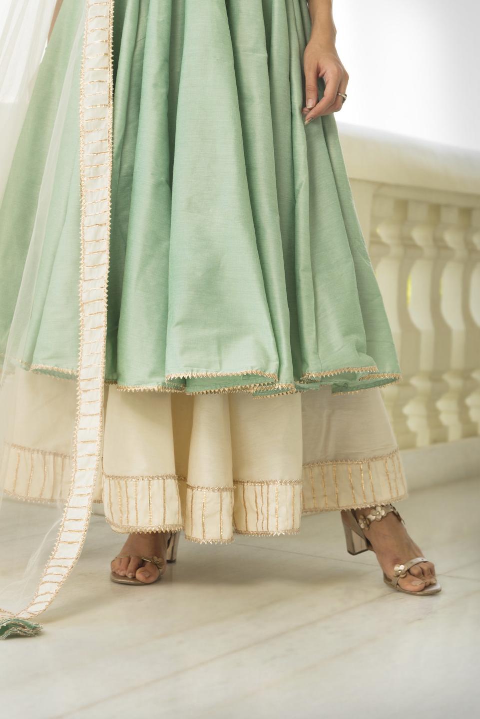 cotton-silk-mint-angrakha-11403215GR, Women Indian Ethnic Clothing, Cotton Silk Kurta Set Dupatta