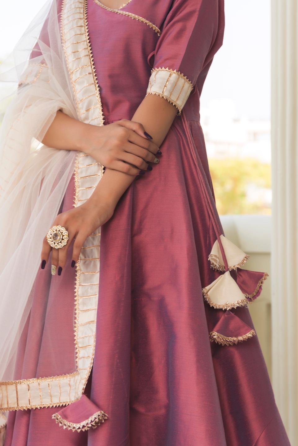 cotton-silk-purple-angrakha-11403187PR, Women Indian Ethnic Clothing, Cotton Silk Kurta Set Dupatta