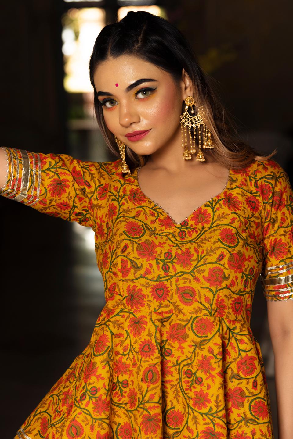 darpan-mustard-yellow-hand-block-cotton-sharara-set-11403201YL, Women Indian Ethnic Clothing, Cotton Kurta Set Dupatta