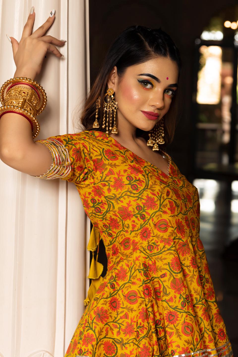 darpan-mustard-yellow-hand-block-cotton-sharara-set-11403201YL, Women Indian Ethnic Clothing, Cotton Kurta Set Dupatta