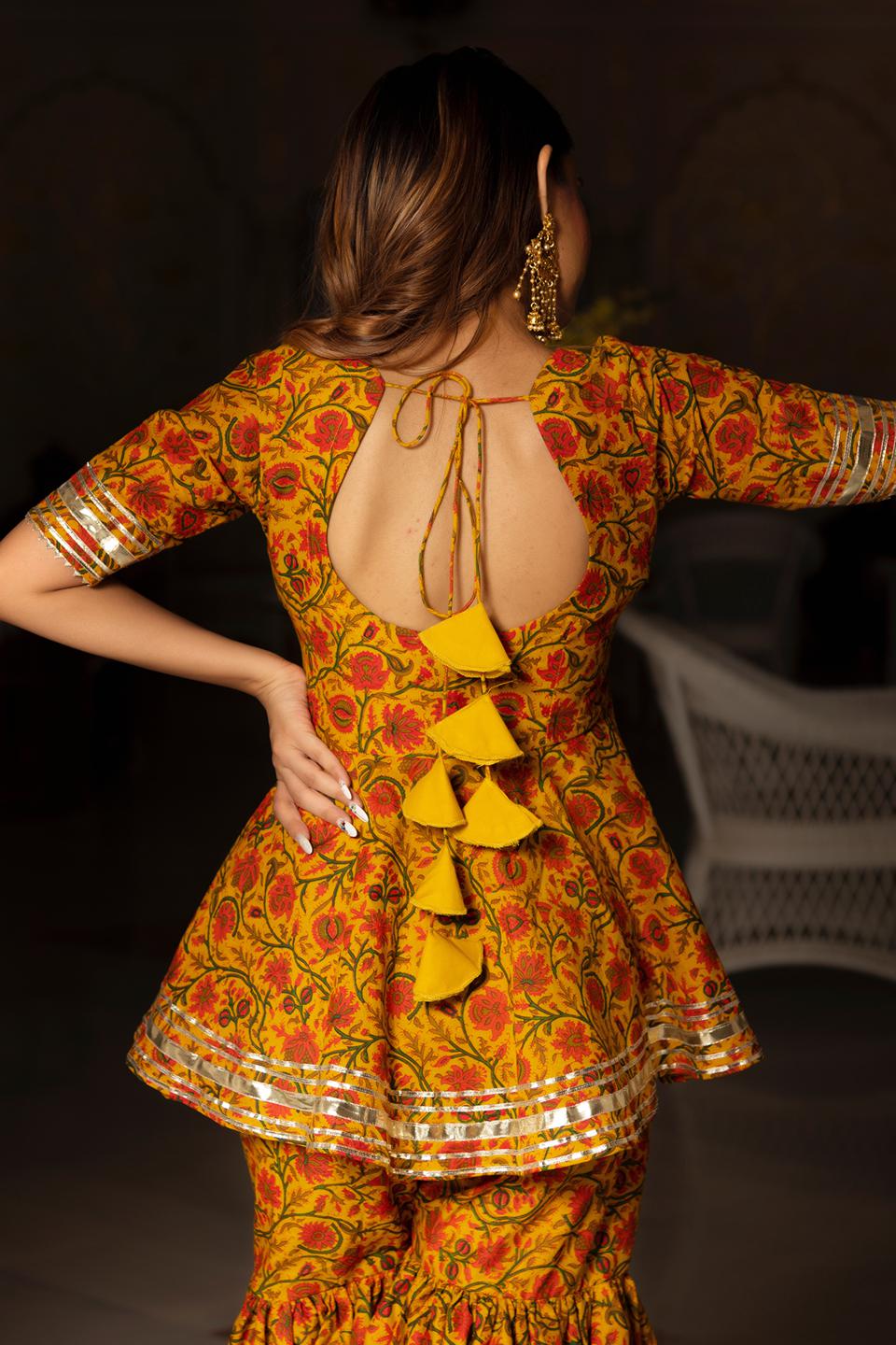 darpan-mustard-yellow-hand-block-cotton-sharara-set-11403201YL, Women Indian Ethnic Clothing, Cotton Kurta Set Dupatta