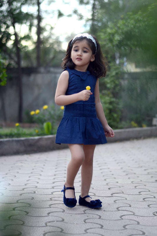 denim-front-knot-coller-dress-blue-10510031BL, Kids Clothing, Denim Girl Dress