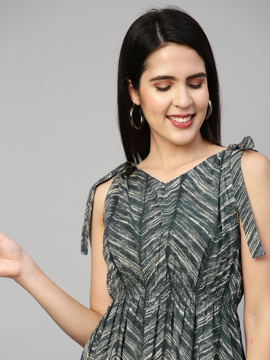 dense-printed-flounce-tie-up-dress-10304014BL, Women Clothing, Cotton Dress