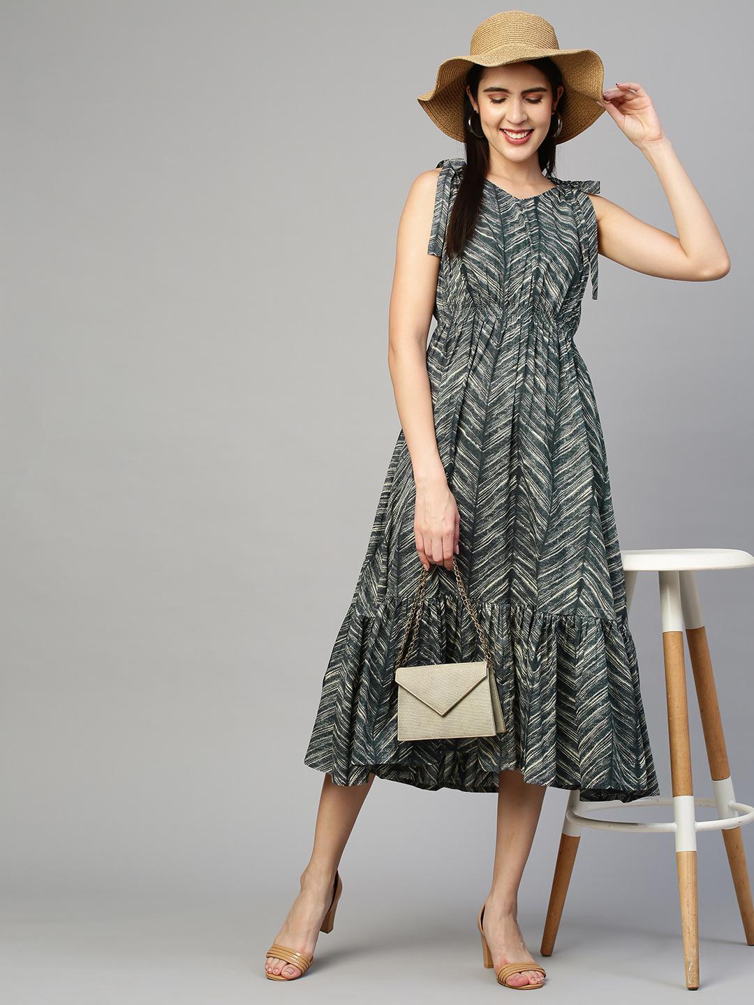 dense-printed-flounce-tie-up-dress-10304014BL, Women Clothing, Cotton Dress