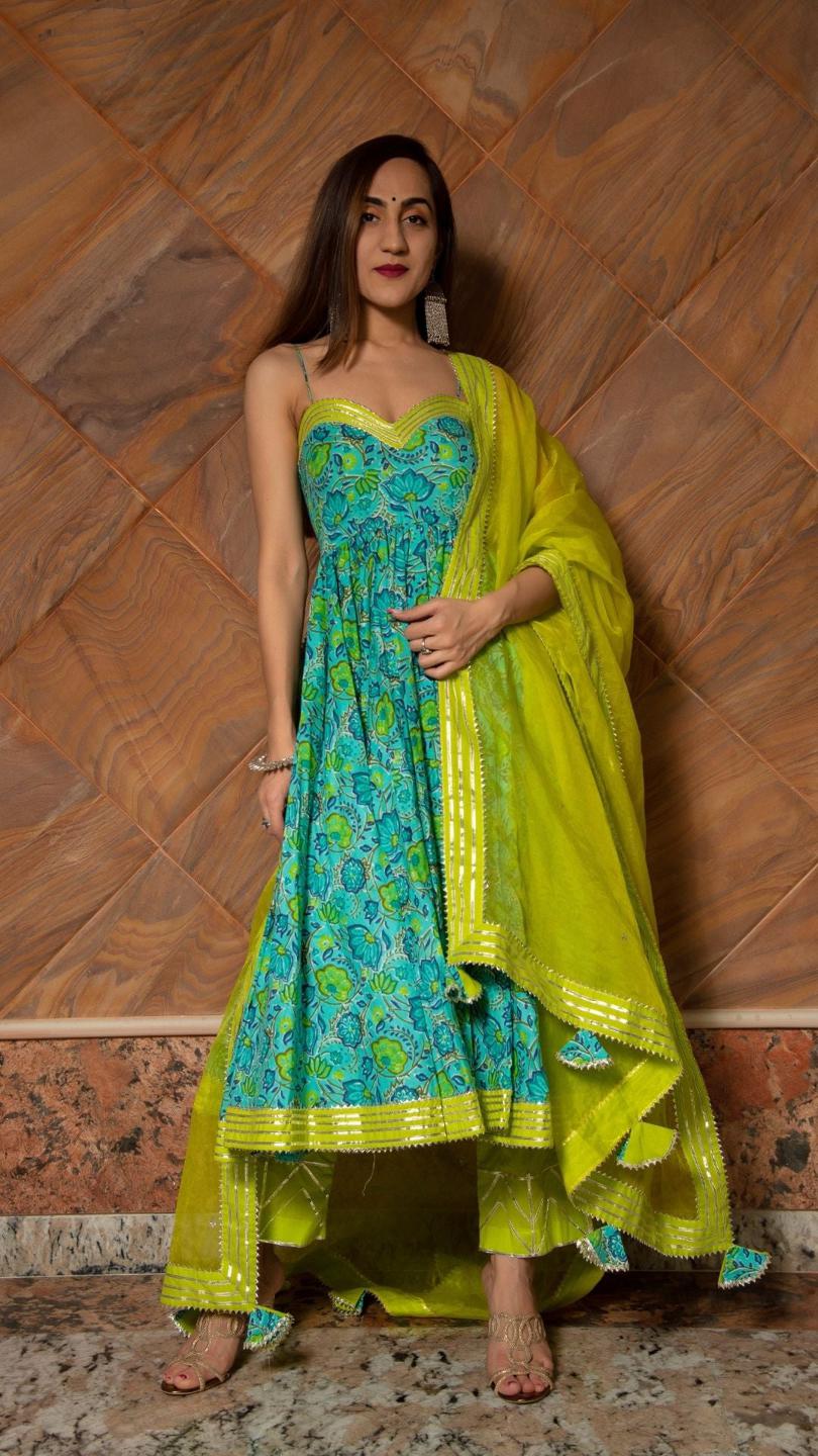 dhara-green-hand-block-pure-cotton-anarkali-set-11403223GR, Women Indian Ethnic Clothing, Cotton Kurta Set Dupatta