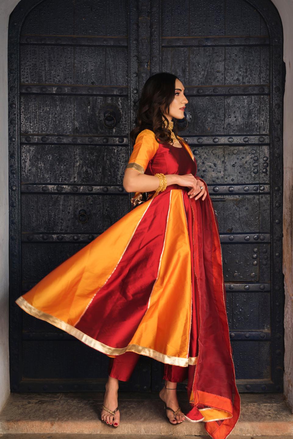 double-shade-taffeta-anarkali-set-11403195RD, Women Indian Ethnic Clothing, Silk Kurta Set Dupatta