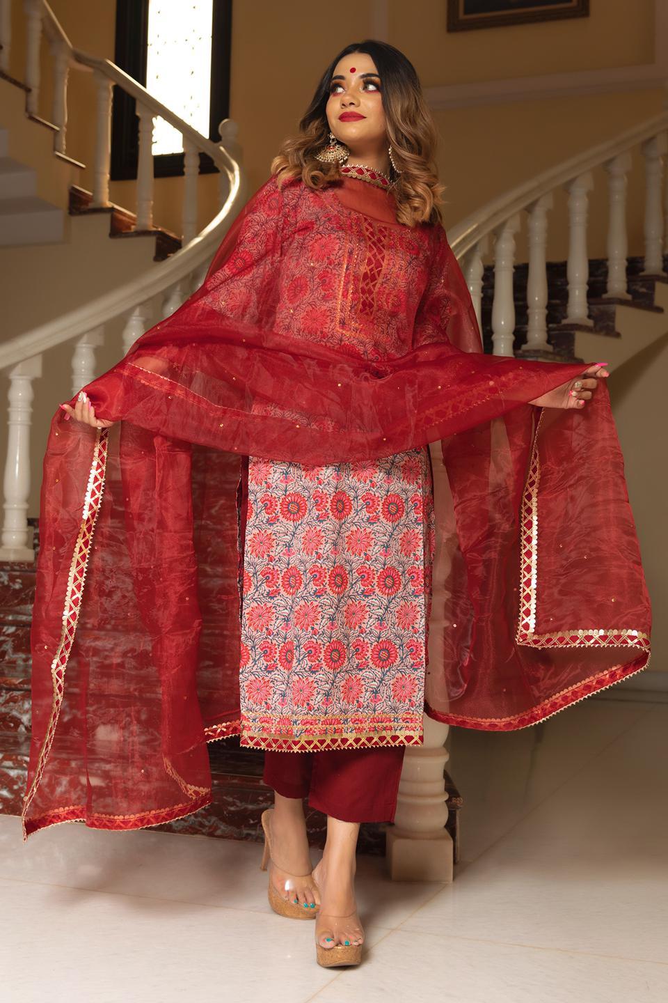 ekka-hand-block-cotton-suit-set-11403213MR, Women Indian Ethnic Clothing, Cotton Kurta Set Dupatta