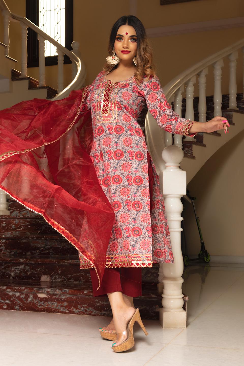 ekka-hand-block-cotton-suit-set-11403213MR, Women Indian Ethnic Clothing, Cotton Kurta Set Dupatta