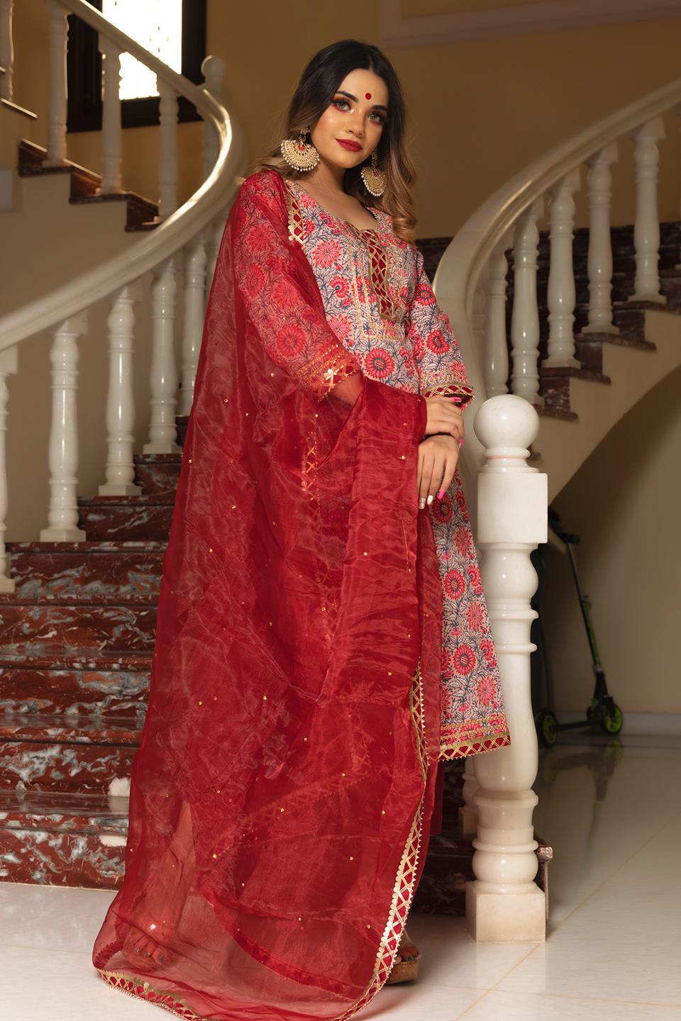 ekka-hand-block-cotton-suit-set-11403213MR, Women Indian Ethnic Clothing, Cotton Kurta Set Dupatta