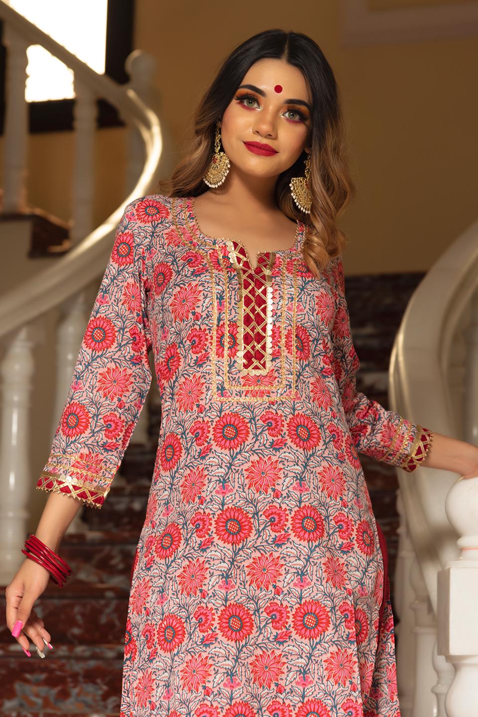 ekka-hand-block-cotton-suit-set-11403213MR, Women Indian Ethnic Clothing, Cotton Kurta Set Dupatta