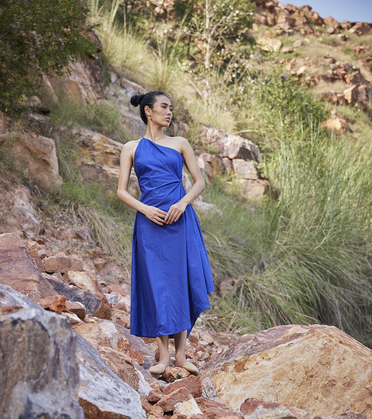 electric-blue-cotton-poplinone-shoulder-dress-11904005BL, Women Clothing, Cotton Dress