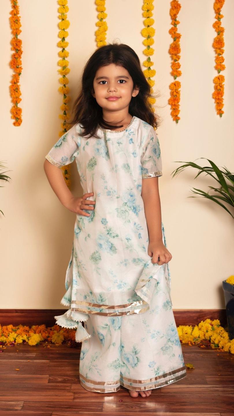 falak-kurta-palazzo-set-11412015WH, Kids Indian Ethnic Clothing, Chanderi Girl Palazzo Set