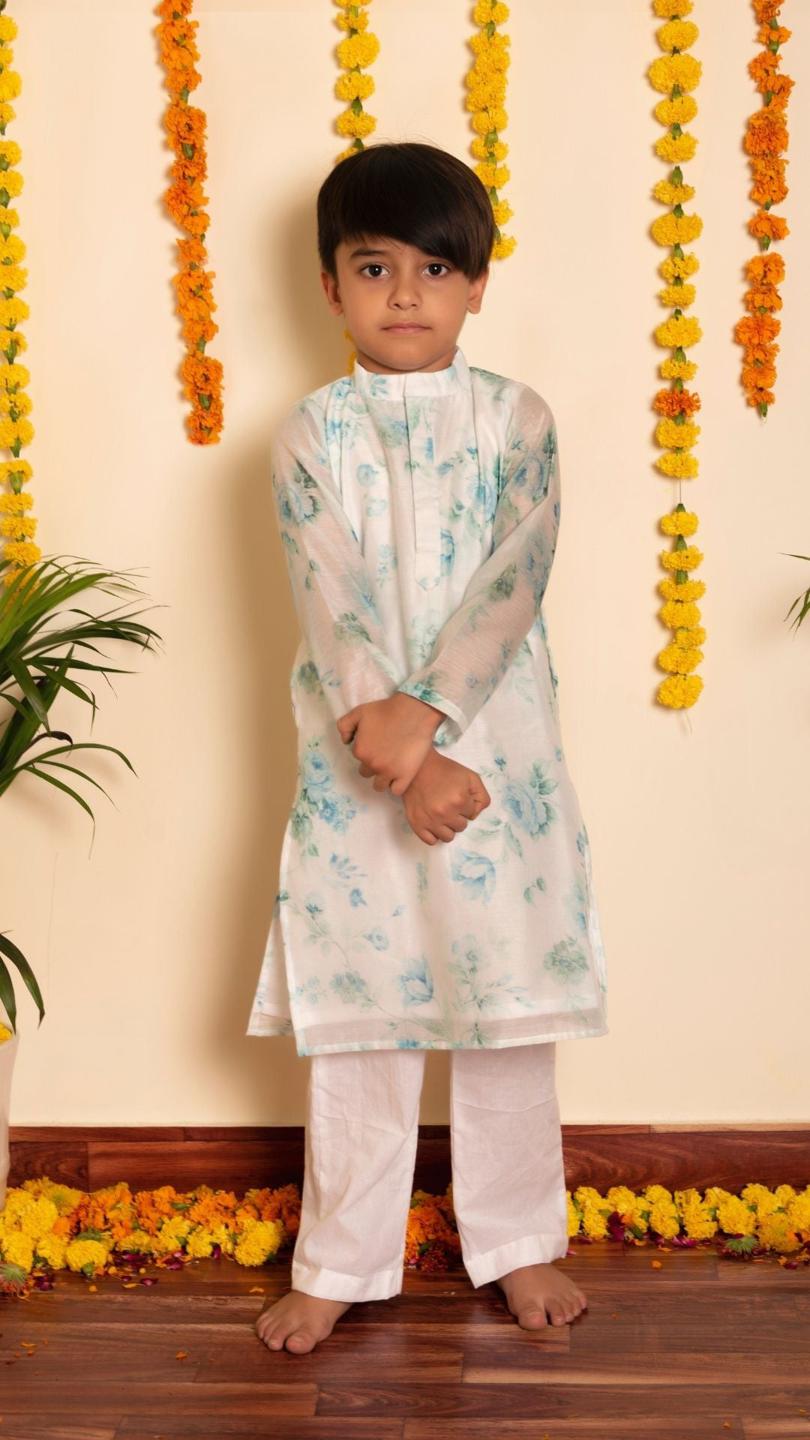 falak-kurta-pant-set-11420016WH, Kids Indian Ethnic Clothing, Chanderi Boy Kurta Pajama Set