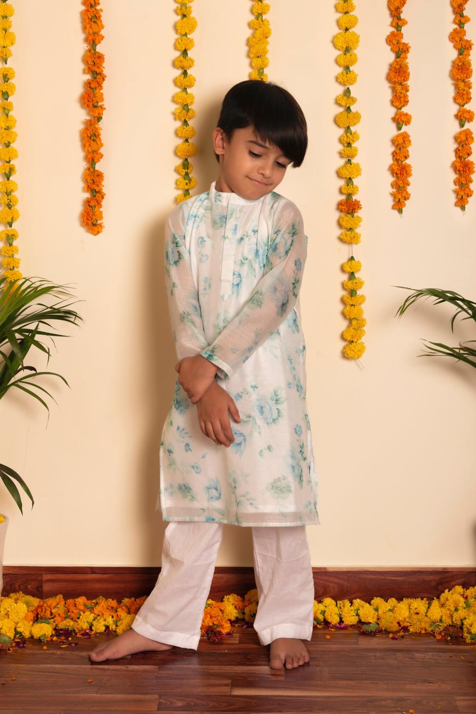 falak-kurta-pant-set-11420016WH, Kids Indian Ethnic Clothing, Chanderi Boy Kurta Pajama Set