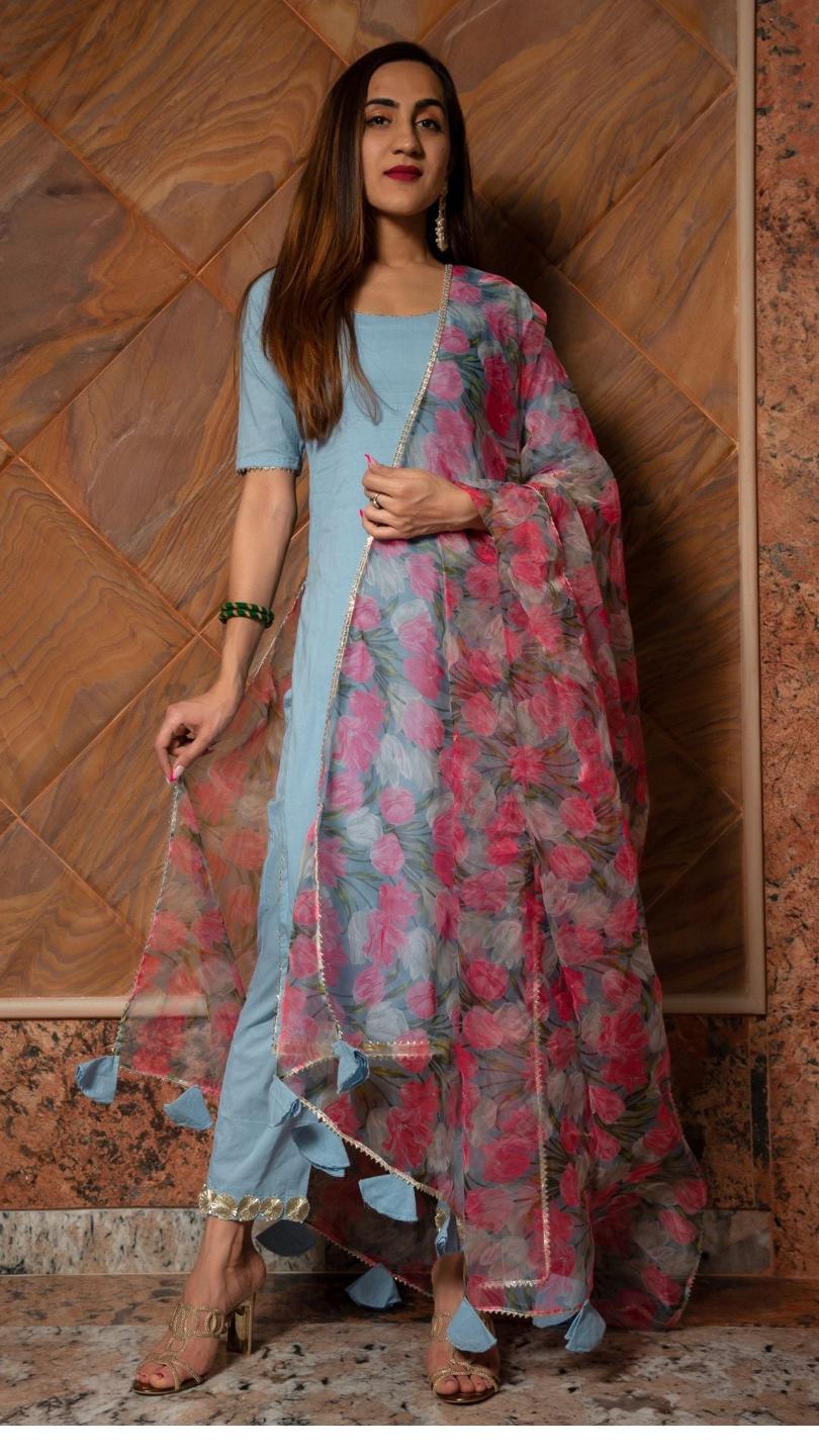 fiza-pure-cotton-suit-set-11403224BL, Women Indian Ethnic Clothing, Cotton Kurta Set Dupatta