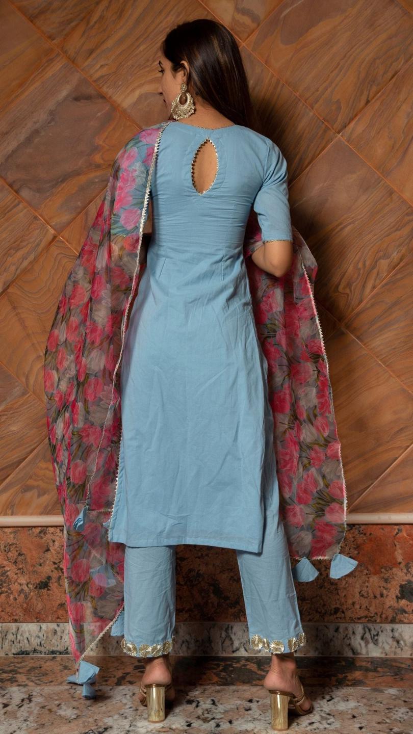 fiza-pure-cotton-suit-set-11403224BL, Women Indian Ethnic Clothing, Cotton Kurta Set Dupatta