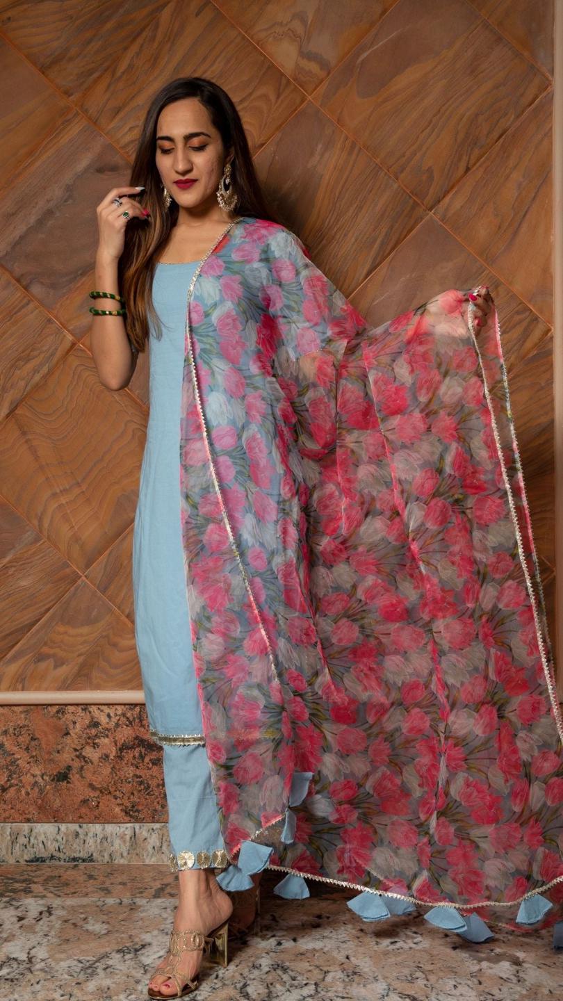 fiza-pure-cotton-suit-set-11403224BL, Women Indian Ethnic Clothing, Cotton Kurta Set Dupatta