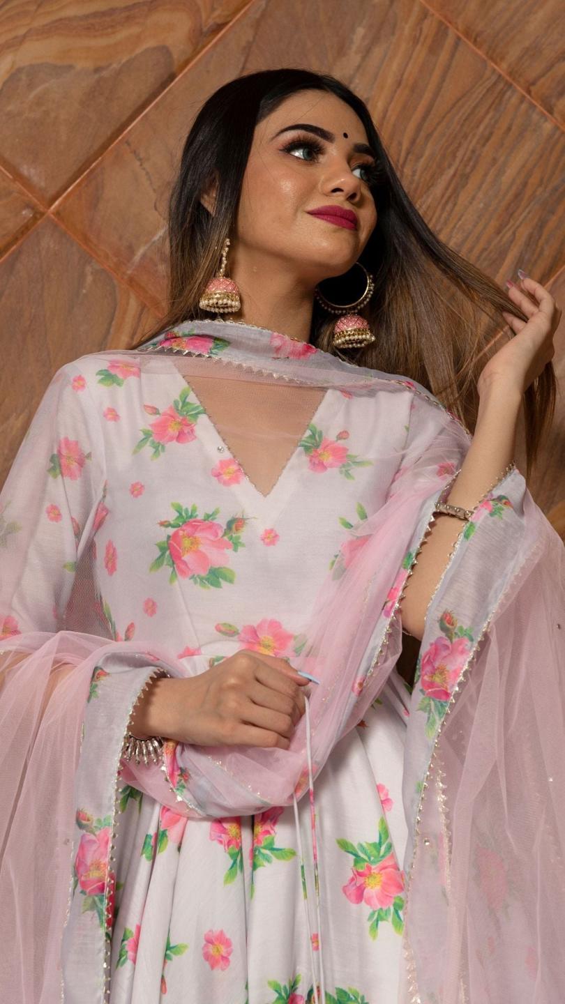 flamingo-chanderi-anarkali-set-11403221GY, Women Indian Ethnic Clothing, Chanderi Kurta Set Dupatta