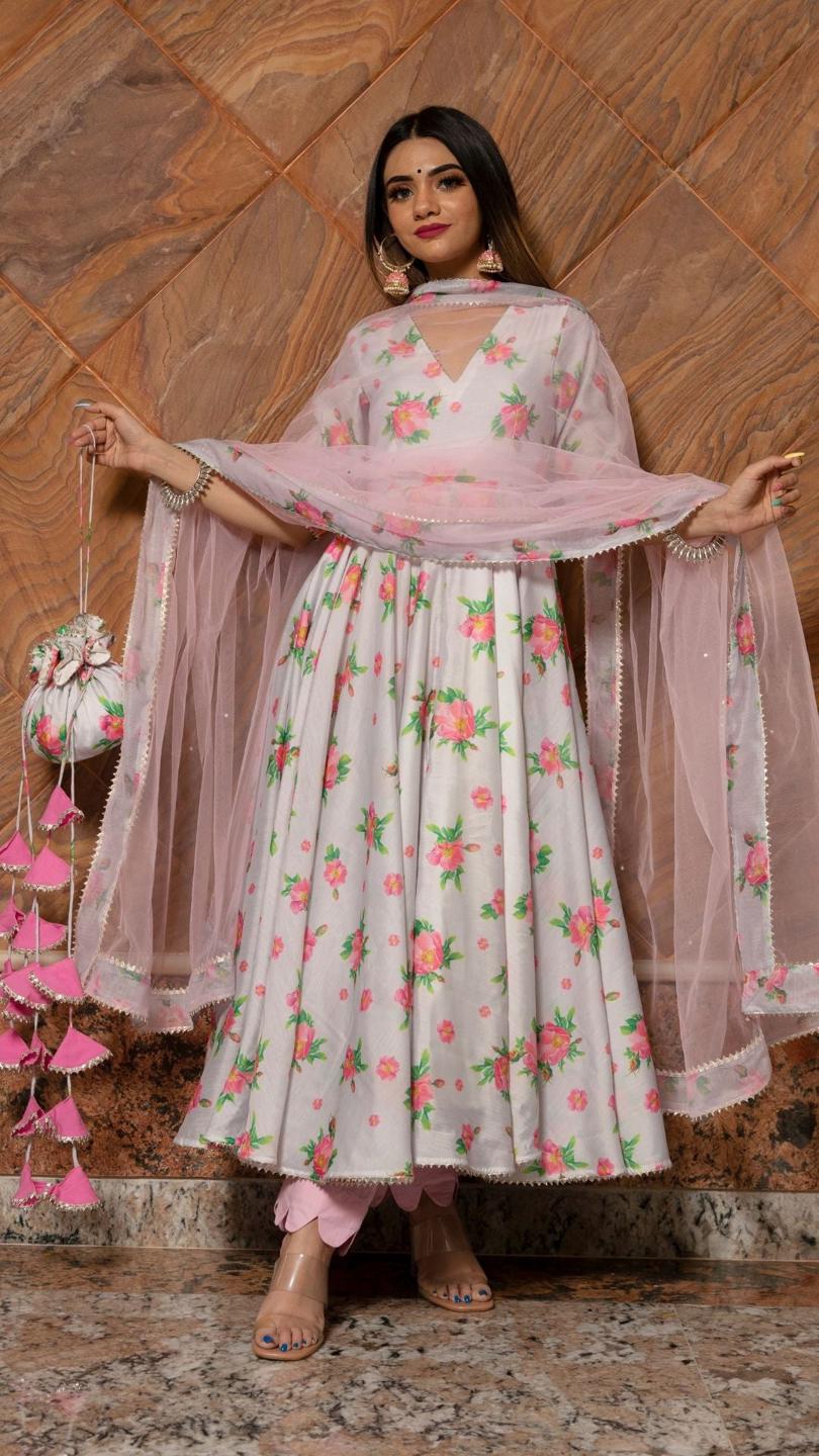 flamingo-chanderi-anarkali-set-11403221GY, Women Indian Ethnic Clothing, Chanderi Kurta Set Dupatta