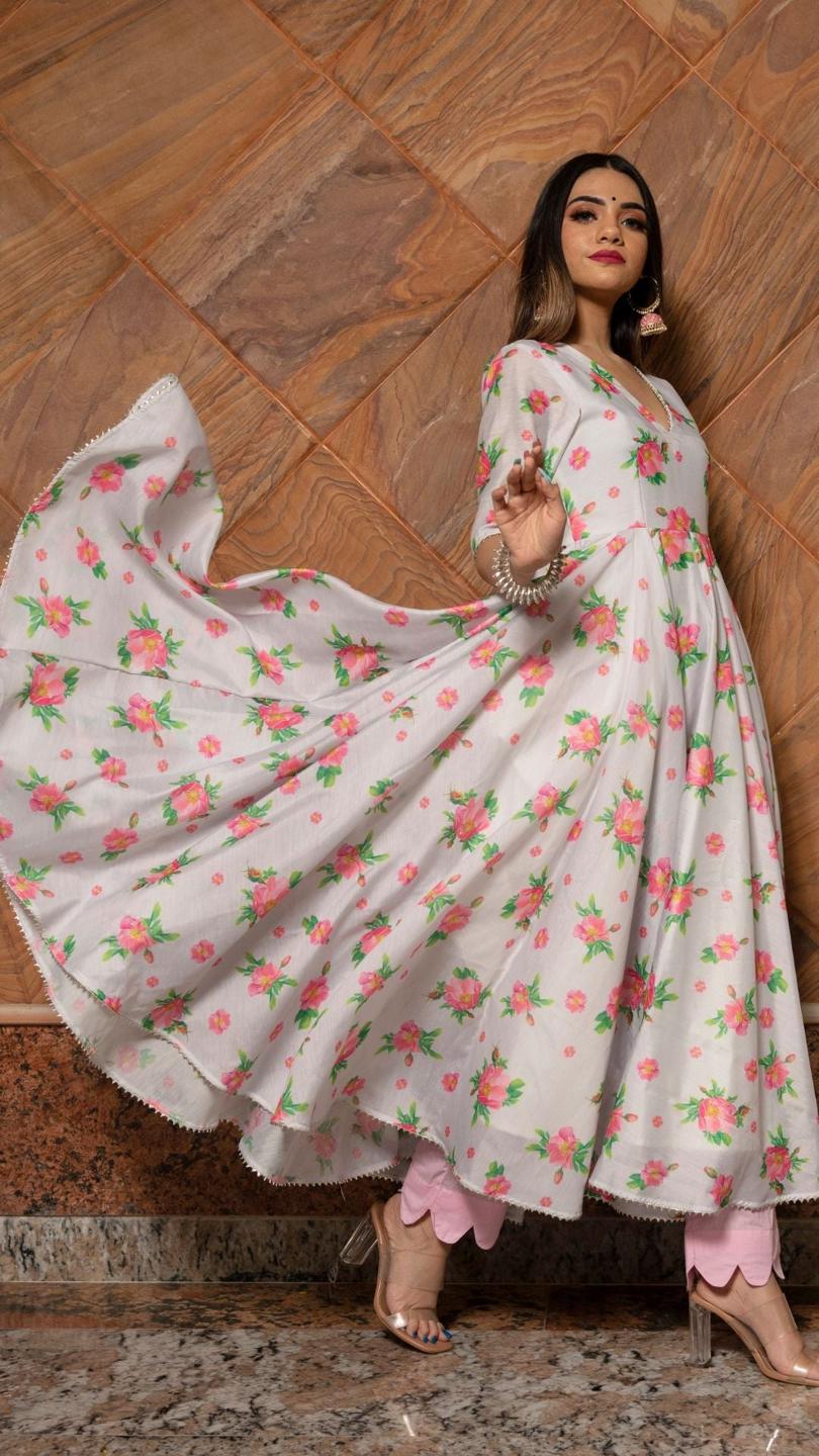 flamingo-chanderi-anarkali-set-11403221GY, Women Indian Ethnic Clothing, Chanderi Kurta Set Dupatta