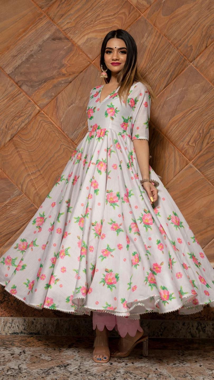 flamingo-chanderi-anarkali-set-11403221GY, Women Indian Ethnic Clothing, Chanderi Kurta Set Dupatta