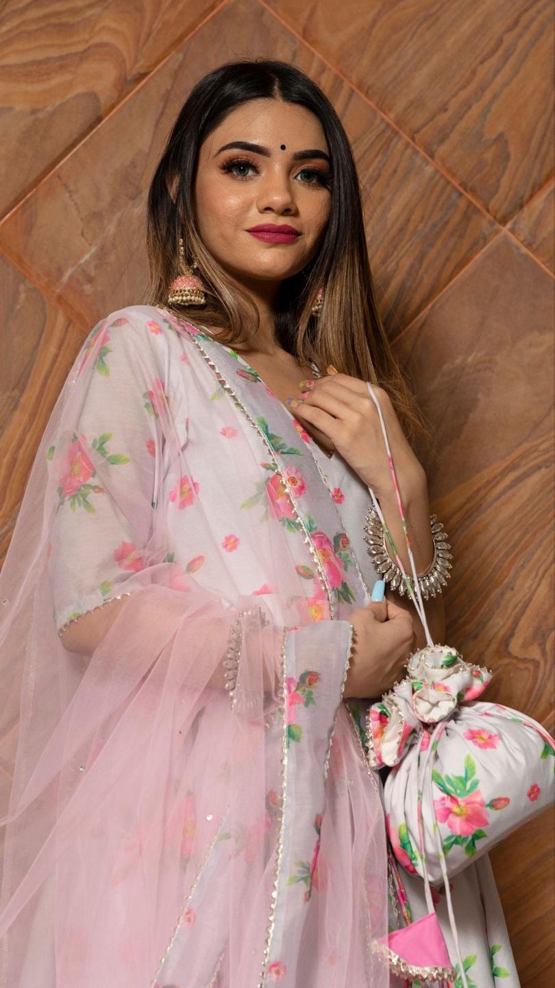 flamingo-chanderi-anarkali-set-11403221GY, Women Indian Ethnic Clothing, Chanderi Kurta Set Dupatta