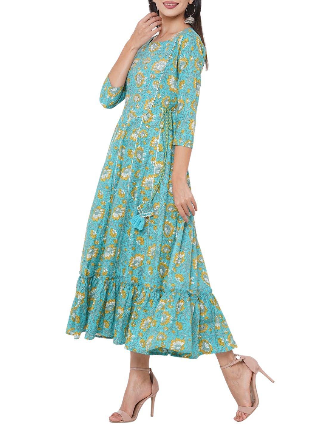 floral-block-printed-embroidered-maxi-dress-with-twisted-belt-string--10304002BL, Women Clothing, Cotton Dress