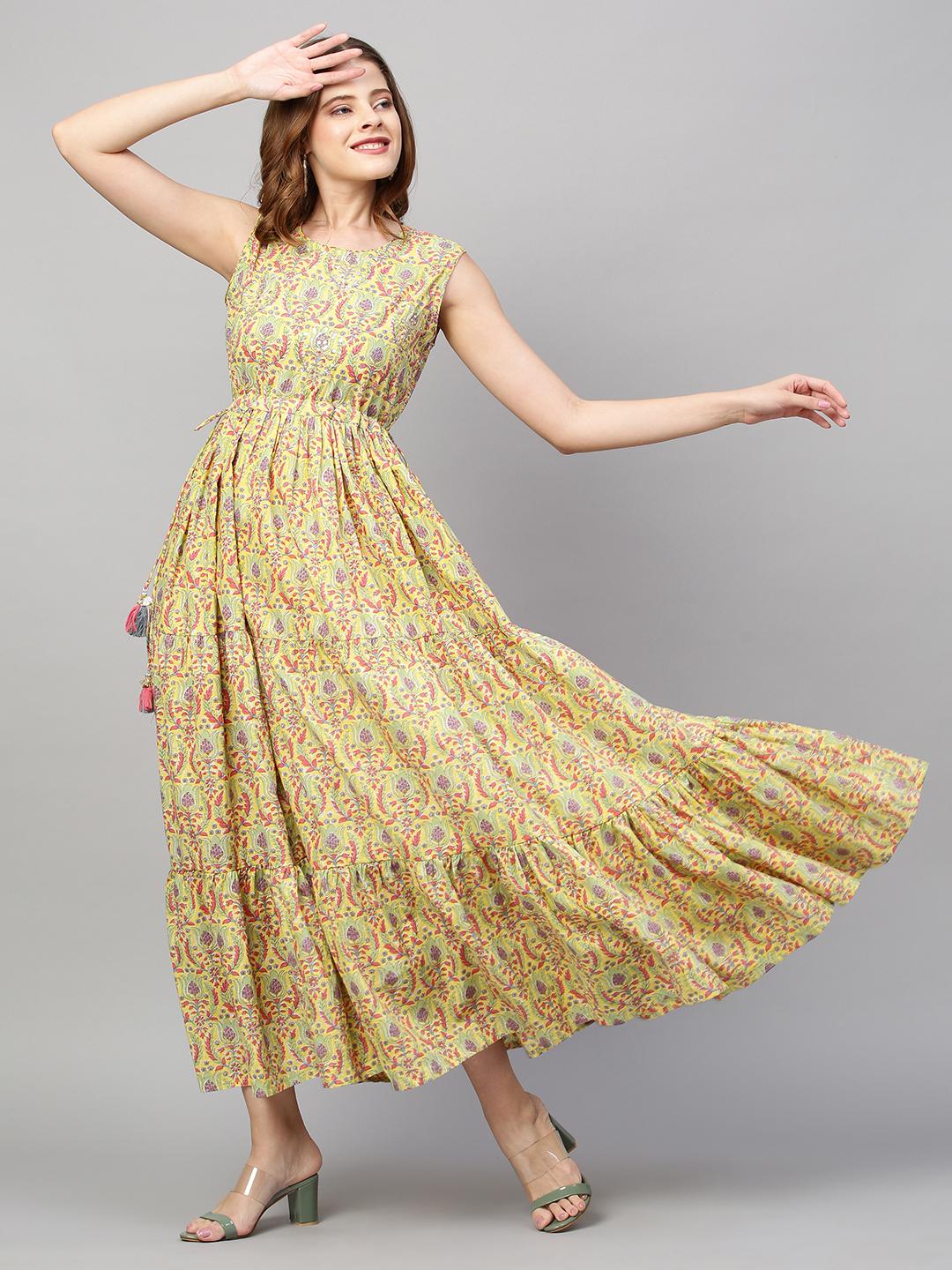 floral-printed-embroidered-tiered-flared-maxi-dress-10304017YL, Women Clothing, Cotton Dress
