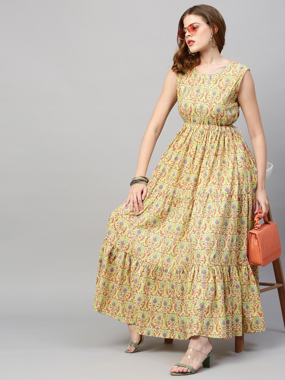 floral-printed-embroidered-tiered-flared-maxi-dress-10304017YL, Women Clothing, Cotton Dress