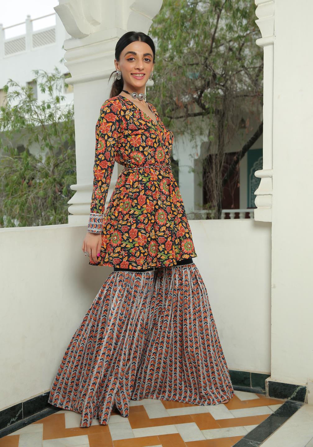 floral-printed-kurta-with-sharara-set-11702060ML, Women Indian Ethnic Clothing, Cotton Kurta Set