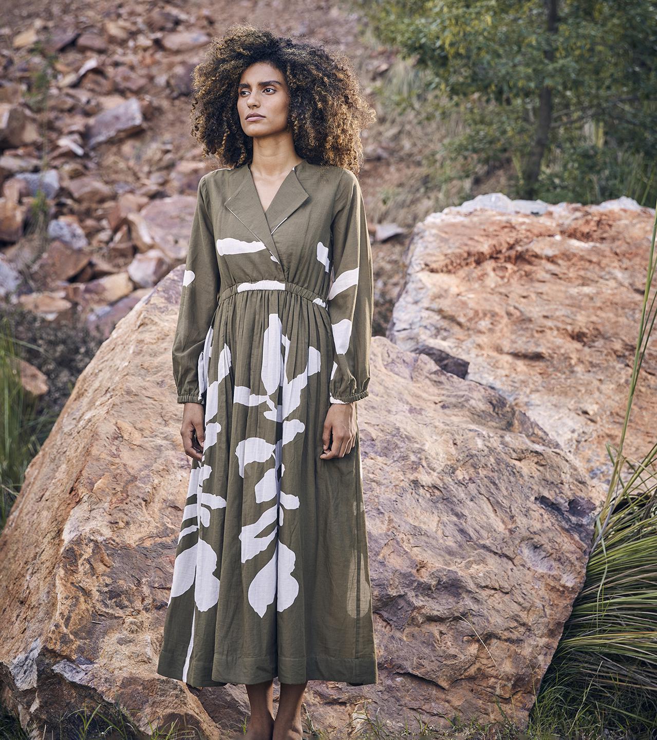 forest-green-off-white-lapel-collar-printed-dress-11904023GR, Women Clothing, Cotton Dress