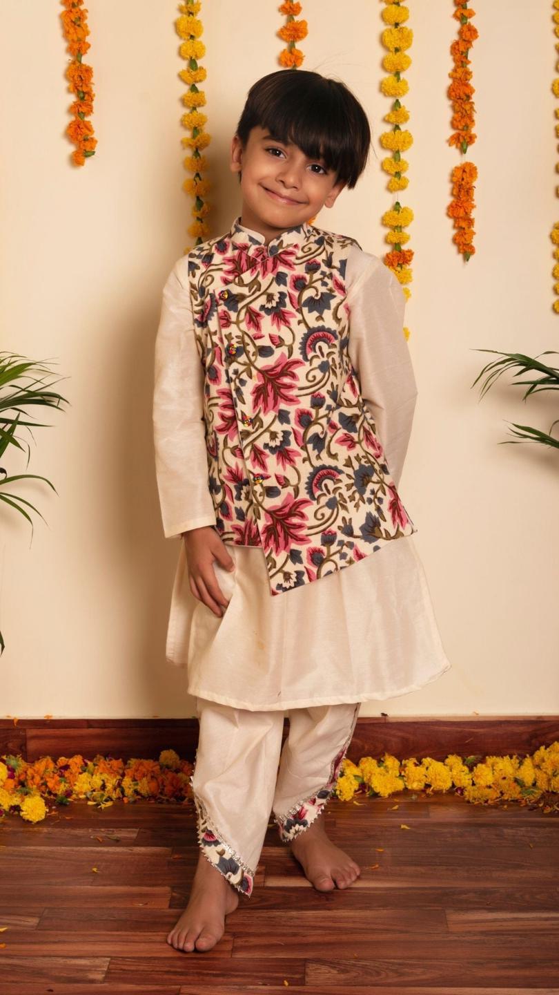 garden-rose-kurta-dhoti-set-11439029WH, Kids Indian Ethnic Clothing, Cotton Silk Boy Kurta Dhoti Set