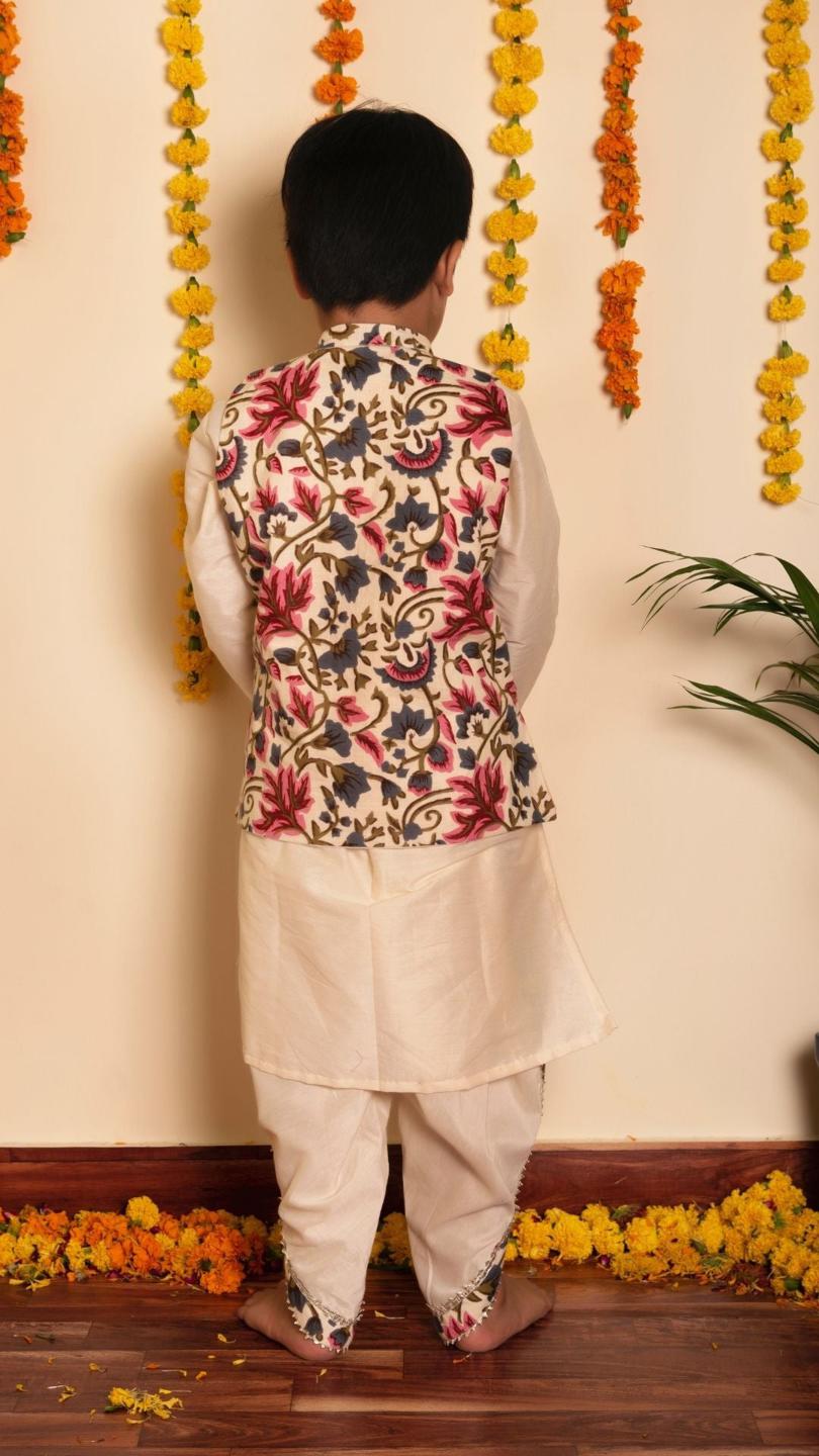 garden-rose-kurta-dhoti-set-11439029WH, Kids Indian Ethnic Clothing, Cotton Silk Boy Kurta Dhoti Set