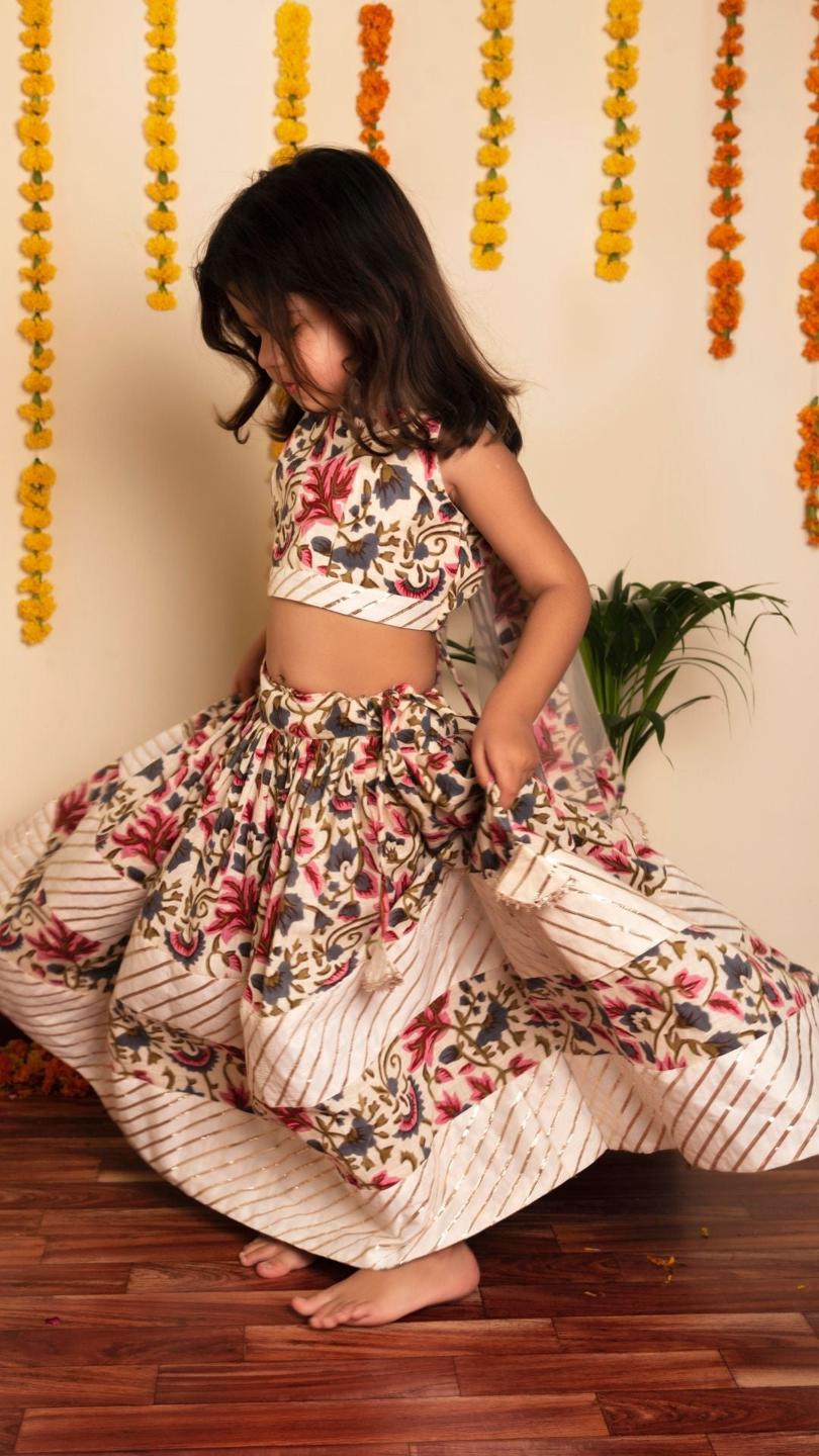 garden-rose-lehenga-set-11409028WH, Kids Indian Ethnic Clothing, Cotton Girl Lehenga Set