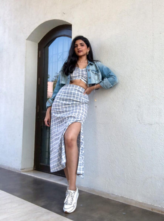 gingham-gaga-co-ord-set-11640021BL, Women Clothing, Cotton Matching Set