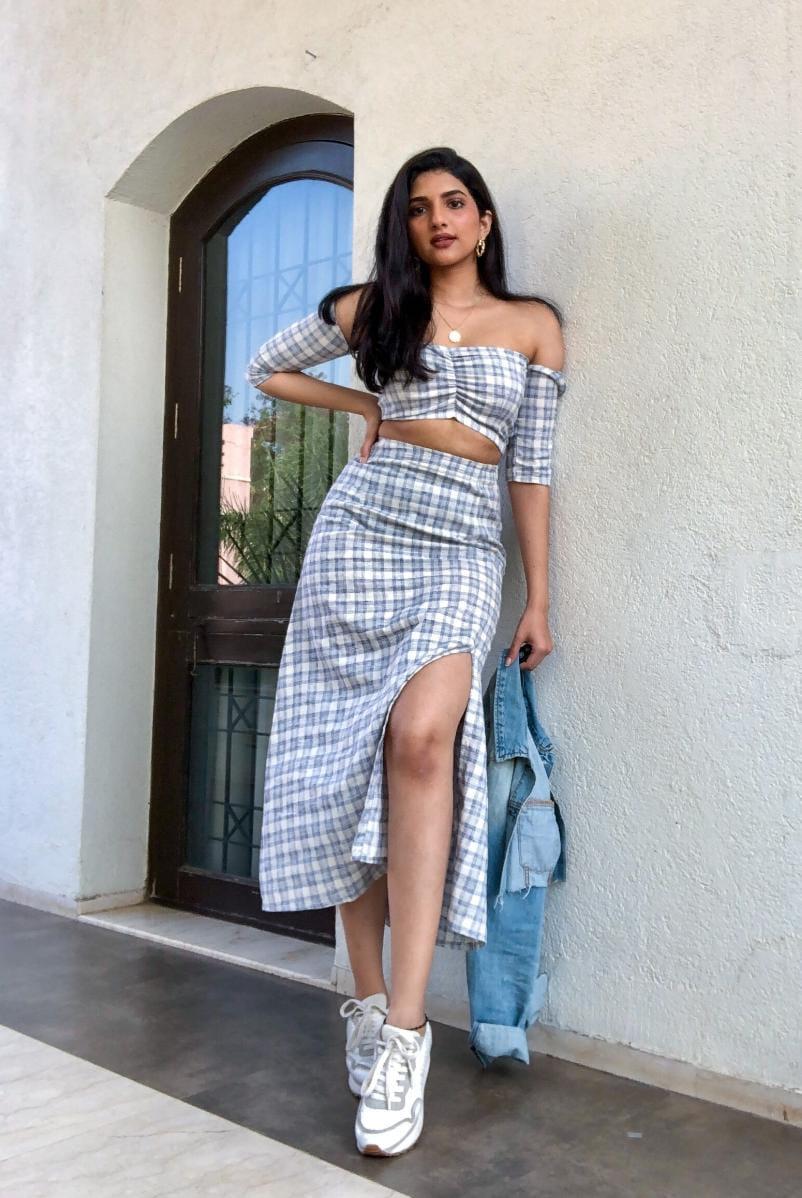 gingham-gaga-co-ord-set-11640021BL, Women Clothing, Cotton Matching Set