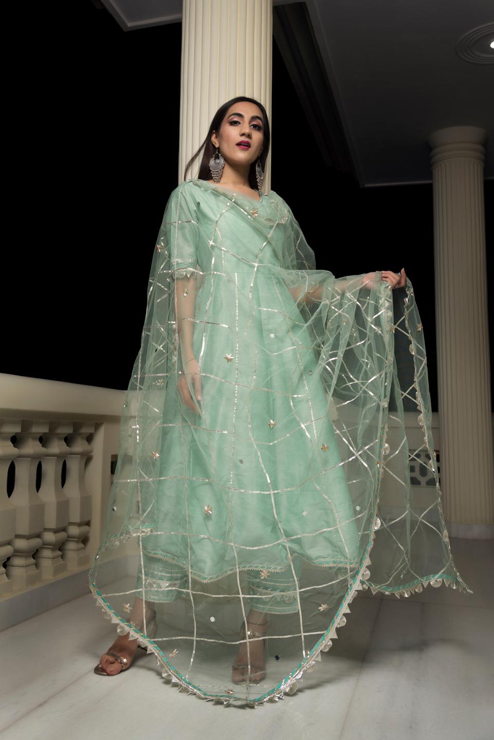 gotta-jaal-cotton-silk-mint-green-anarkali-11403181GR, Women Indian Ethnic Clothing, Cotton Silk Kurta Set Dupatta